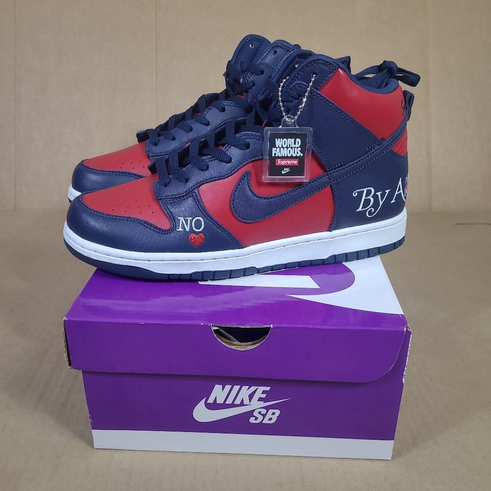 Supreme x Nike SB Dunk High OG QS By Any Means Red‎ Navy Blue Men Sz 10 New DS